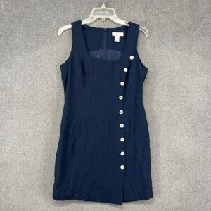 Spiegel Linen Blend Sheath Dress Womens 6 Navy Square Neck career office preppy